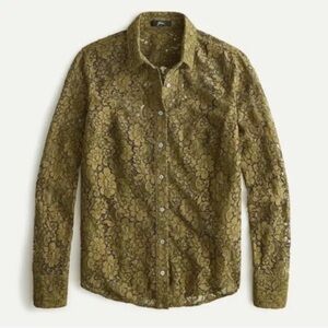 J Crew Shirt Size 2 Green Classic-Fit Lace Button-Up Top Long Sleeve Olive